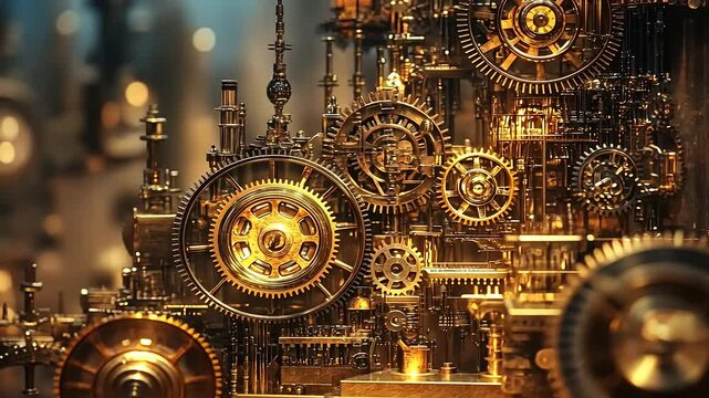 Intricate golden steampunk machinery with gears and cogs, creating a mesmerizing industrial backdrop