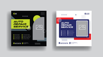 Auto Car repair service social media post, banner, ad editable template, car mechanic services, car wash service square flyer or poster vector template