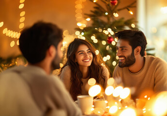 a group of young Southeast Indian friends celebrating Christmas in a cozy, warm environment.