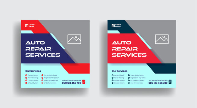Auto Car repair service social media post, banner, ad editable template, car mechanic services, car wash service square flyer or poster vector template