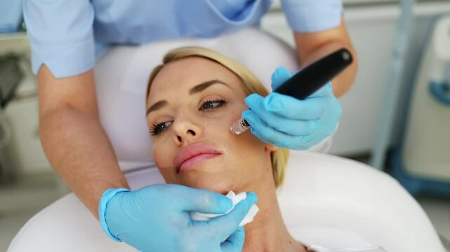 Young woman receiving hydra facial treatment for exfoliation, rejuvenation and hydration of her face skin. Modern facial hydro micro dermal abrasion peeling beauty procedure. Hydra vacuum cleaner.
