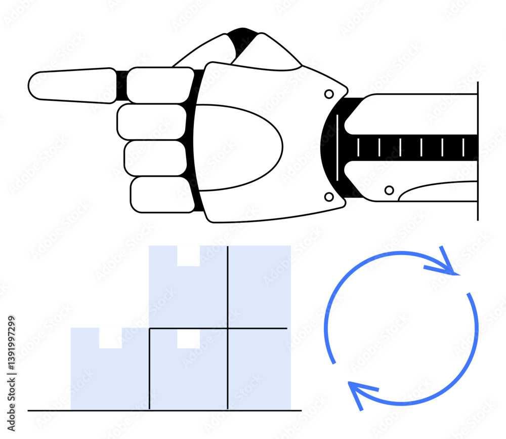 Poster robotic hand pointing, stacked boxes representing inventory management, and circular arrows for recy