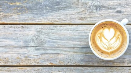 Latte Art Coffee in White Cup on Rustic Wooden Table