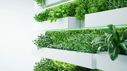 Obraz premium A vibrant, vertical garden with lush greenery, creating a modern, architectural aesthetic.