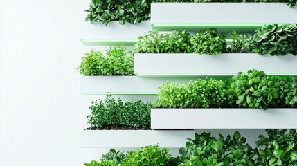 Obraz premium A striking vertical garden, showcasing lush greenery with modern design and green lighting accents.