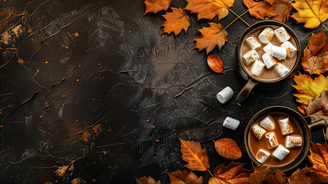 Two mugs of hot chocolate with marshmallows on a table with autumn leaves