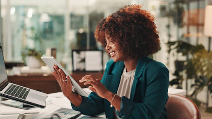 Tablet, smile and black woman in office with research, communication or creative report for KPI....