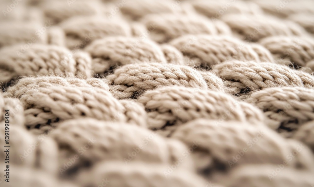 Poster close-up of a beige knitted fabric with a textured pattern, showing fibers and threads.