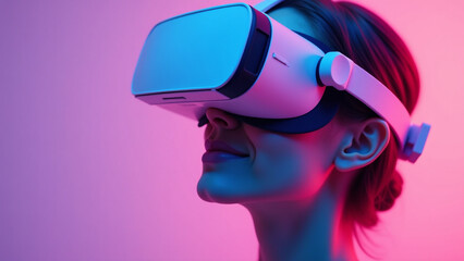 abstract vr headset portrait vibrant pink blue tones showcasing person face immersed virtual