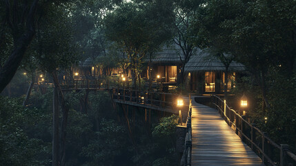 Fototapeta premium Treehouse resort nestled in dense forest with warm lighting