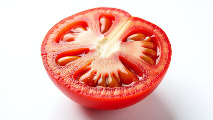 ailed ripe tomato slice showcasing visible seeds juicy red flesh perfect culinary use isolated white background