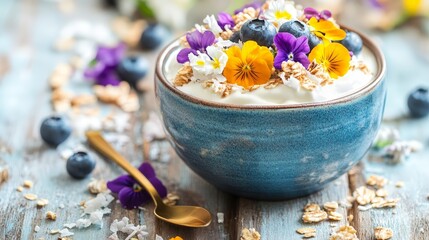 Colorful floral yogurt bowl with granola and berries on rustic wooden table
