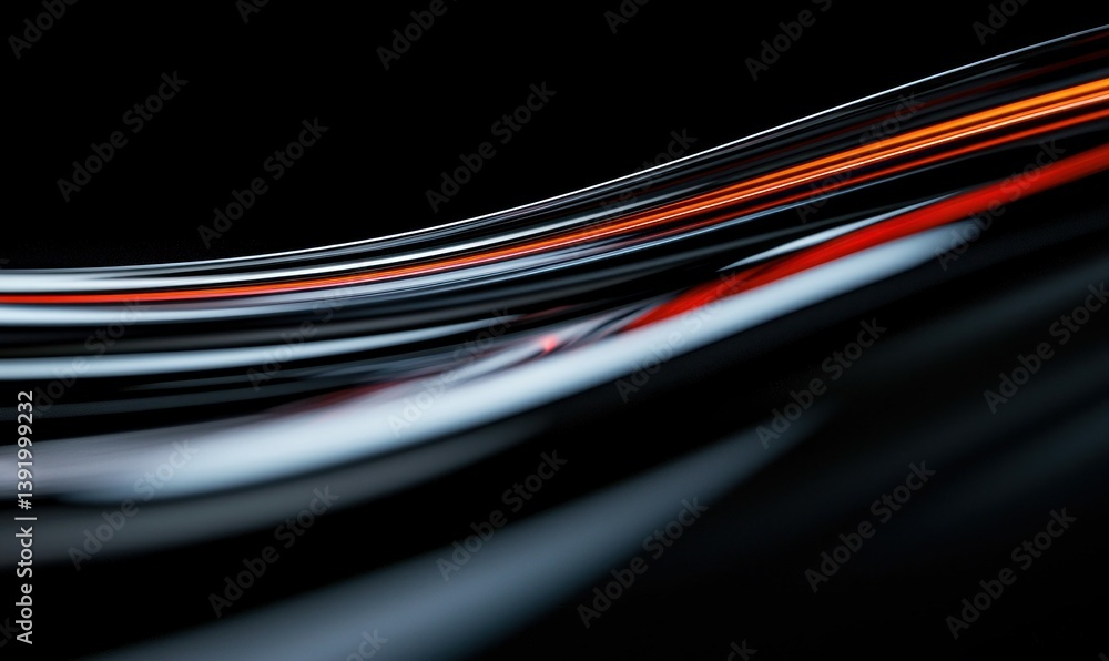 Poster curved, abstract lines with streaks of red and white, creating a dynamic, flowing design.