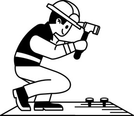 black and white illustration of A worker is hammering