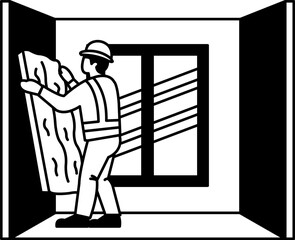 black and white illustration of Technician laying insulation on the wall