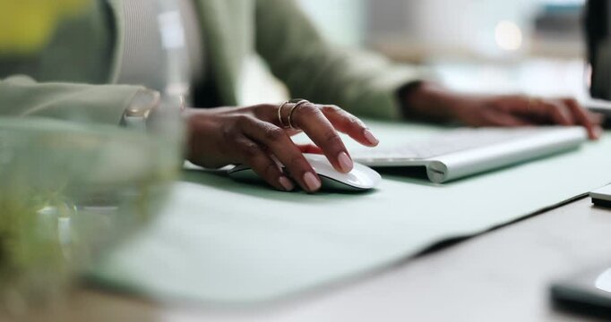 Email, click and hand of woman with mouse for internet, company research and website on computer. Corporate, office and person with wireless tech for administration, information and productivity