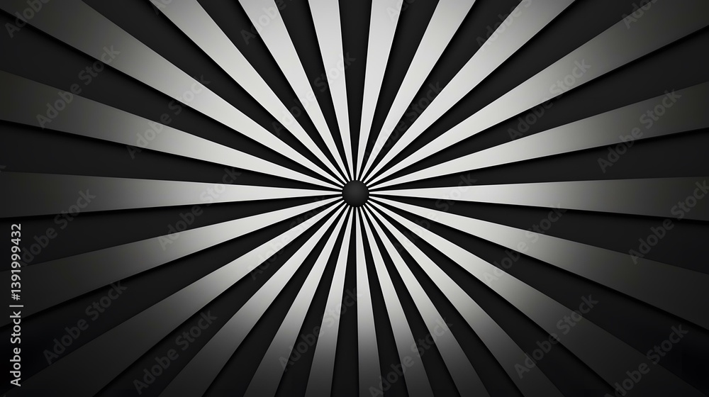 Poster the image contains a black and white sunburst design. alternating black and white rays emanate from 