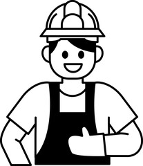 black and white flat icon vector of The welder is wearing a protective mask raise his hand