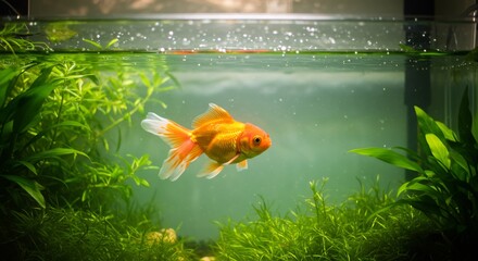 Serene goldfish in planted aquarium soft light. AI Generated