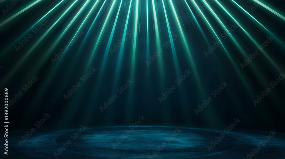 Poster the image shows a dark, moody scene with teal-colored light rays emanating from the top, converging 