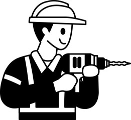black and white flat icon vector of Technician using a drill