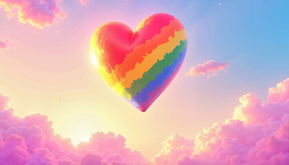 Fototapeta premium Rainbow heart floating in clouds against a colorful sky 