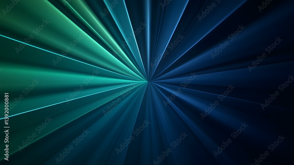 Poster the image contains an abstract design of radiating teal and blue lines converging at a central point