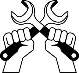 black and white flat icon vector of Two hands holding a wrench