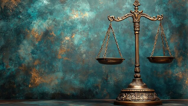 A close-up photograph of bronze scales of justice on a dark table, with a blurred green background. Symbolizing law, justice, and balance. Concepts related to legal services, law firms, and