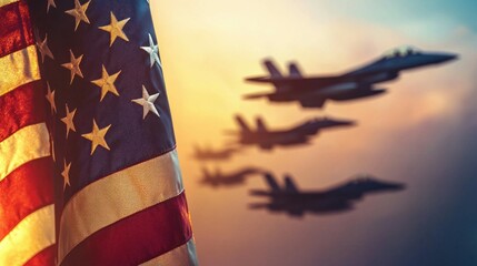 Fototapeta premium The American flag waves proudly as fighter jets soar into the sunset, a patriotic scene.
