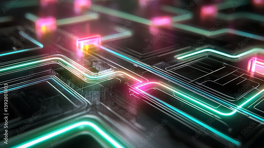 Poster futuristic neon circuit board abstract technology background glowing lines digital network