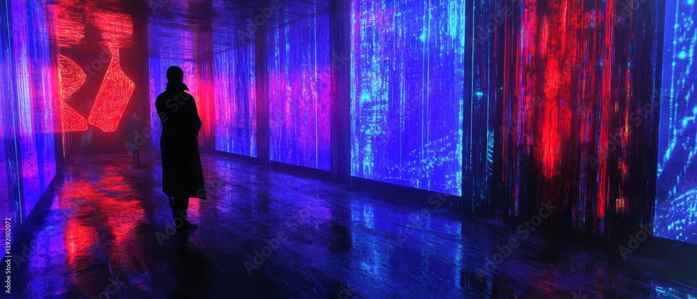 Poster person walks in dark corridor illuminated by colorful lights and abstract patterns.