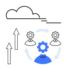 Cloud with collaborative workflow icons, arrows for progress, gears symbolizing teamwork and process automation. Ideal for innovation, workflow, digital solutions, remote work, organization