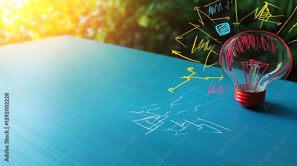 Poster bright idea red filament light bulb on teal table with brainstorming sketches