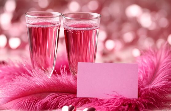 A hen party invitation in pink, detailed with champagne glasses. The celebration card, bordered by feathers, creates a festive atmosphere suitable for a bridal shower, girls' party, or anniversary.