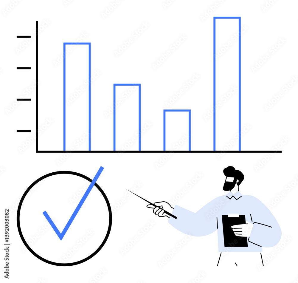 Poster person presenting bar graph with a pointer, adjacent large checkmark symbolizing success. ideal for 
