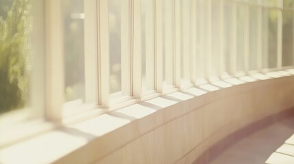 tranquil indoor scene depicting sunlight streaming through windows illuminating a curved sill creating a gentle interplay of light and shadow