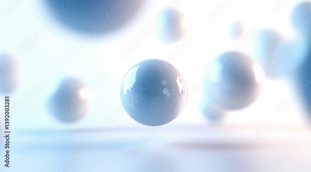 Poster glossy, blue spheres float in a soft, white light creating an abstract and visually appealing image.