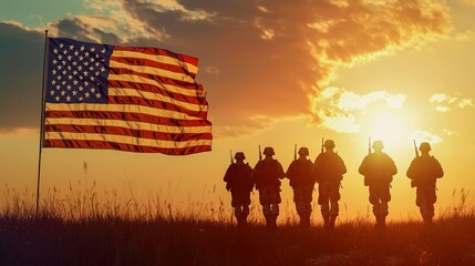 American soldiers marching toward the sunset with the waving american flag on memorial day.