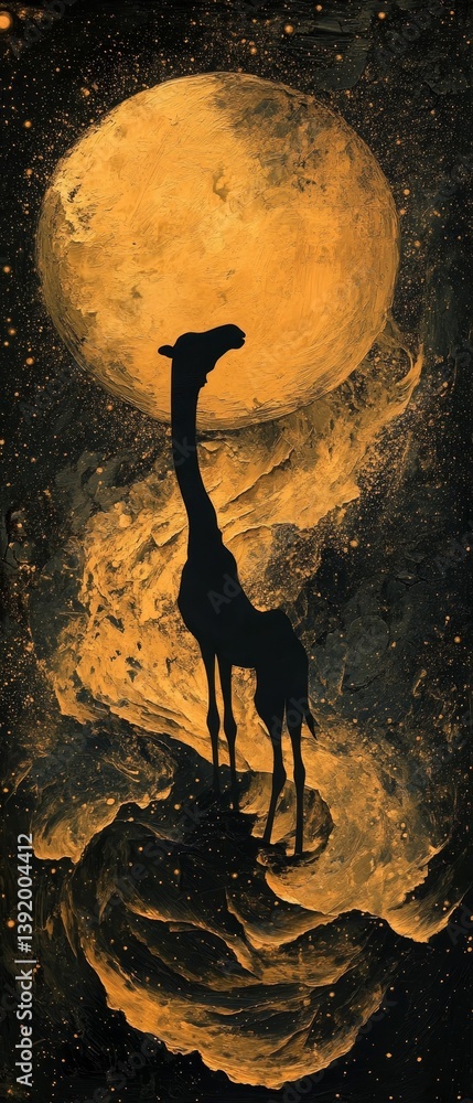Poster silhouette of a bird against a large moon with swirling patterns.