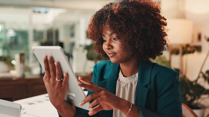 Tablet, research and black woman in office with creative project, communication or report for KPI. Technology, reading and African brand manager monitoring online media campaign in workplace.