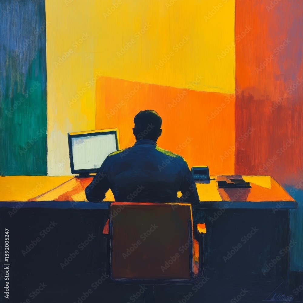 Aufkleber person sits at desk with computer in front of colorful background.