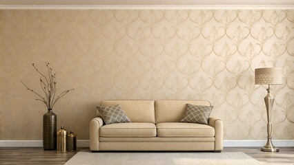 Obraz premium simple plain tan wallpaper with sofa and one decoration piece