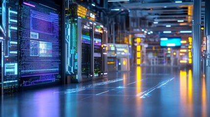 Futuristic Data Center Server Room with Glowing Interfaces and Digital Displays