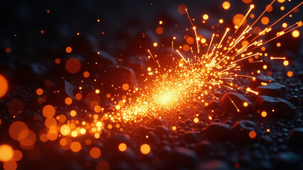 Fototapeta premium bright dynamic fire sparks create energetic visual display dark background abstract effect sparkling