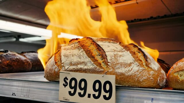 Freshly baked bread loaves arriving from oven with flames in background at bakery displaying rising prices, inflation, food affordability crisis