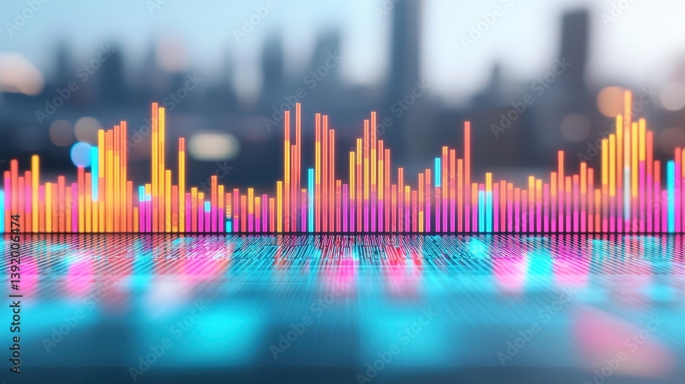 Poster abstract colorful data visualization neon bars reflecting on a futuristic surface against a city bac