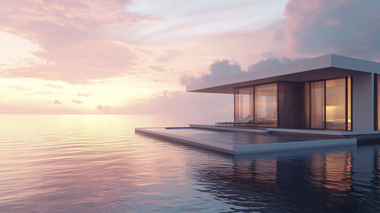 luxury waterfront villa with floating deck at sunset