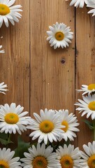 Obraz premium Bright and cheerful spring themed background with fresh yellow and white flowers top border, Garden flowers over wooden background