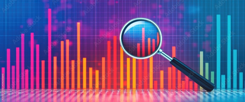 Poster analyzing vibrant bar graph data with magnifying glass business growth chart